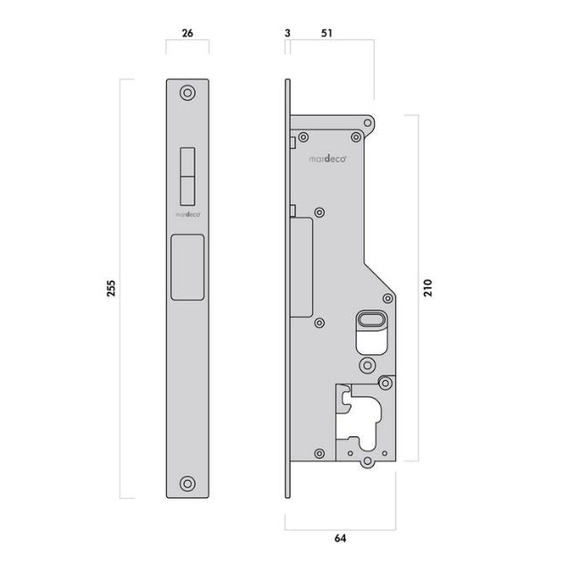 Lock Body Drawing Nidus Mardeco rectangular flush pull Euro Lock set Satin Brass (cylinder sold separately) BRS8104/SET - The Blue Space
