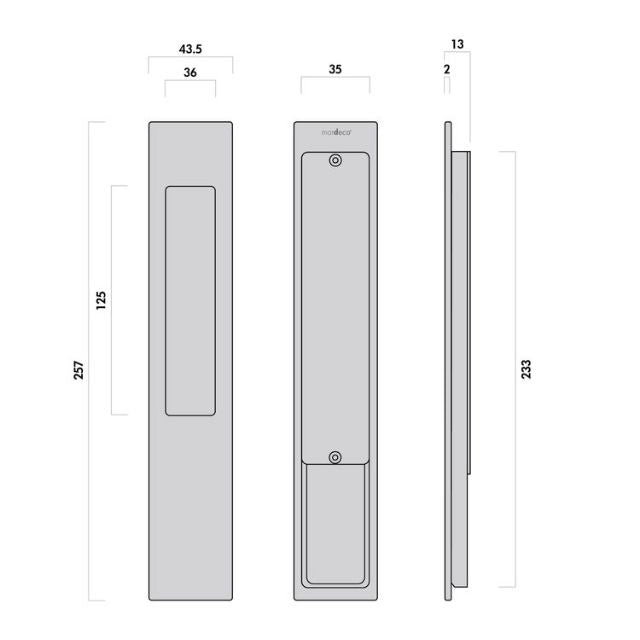 Nidus Mardeco rectangular flush pull (long plate 257mm) Brushed Satin Chrome (sold as EACH)