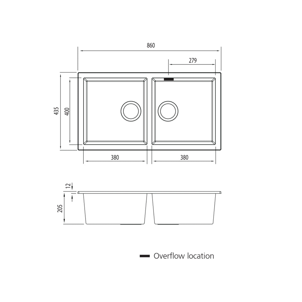 Oliveri Santorini Double Bowl Undermount Sink - Black with Overflow