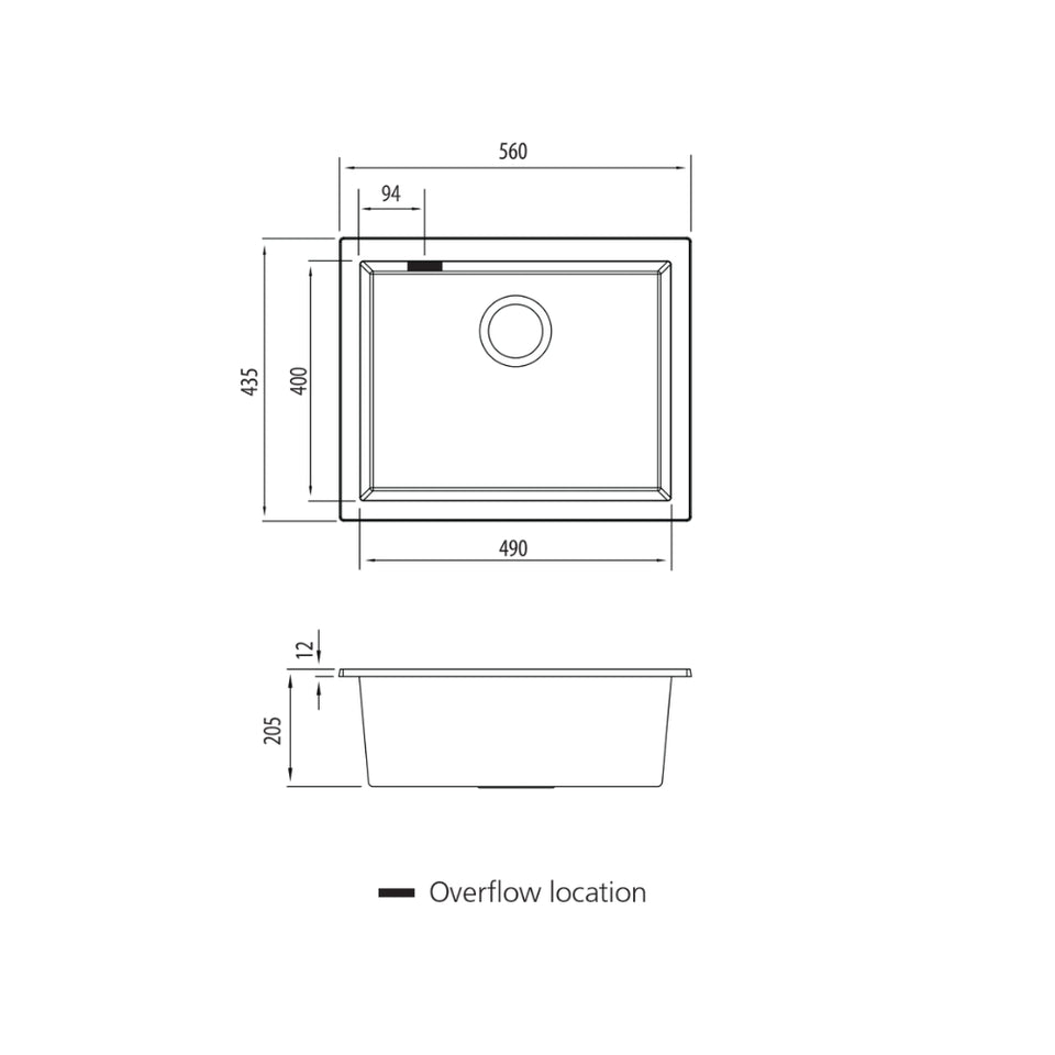 Oliveri Santorini Large Bowl Undermount Sink - Black with Overflow