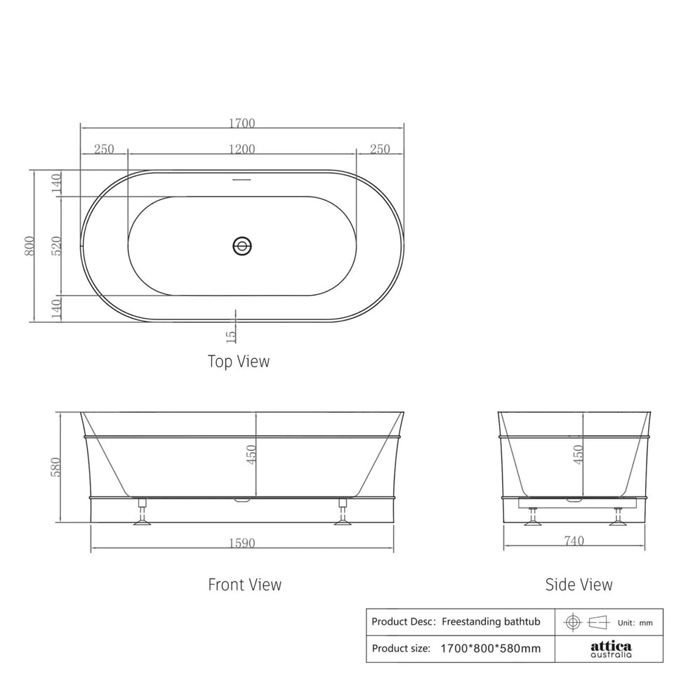 Otti Attica Bondi 1700x800x580 Matte White Bath with Overflow