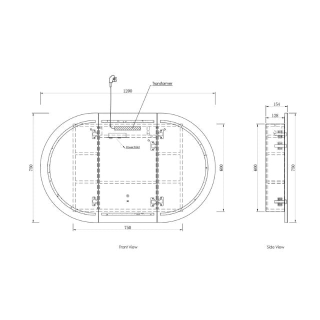Otti Bondi 1200 LED Shaving Cabinet Matte White Technical Drawing LED-BOSV1275W-VP | The Blue Space