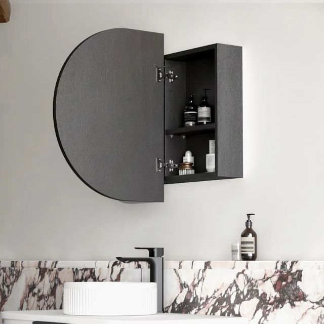 Otti Bondi 900 LED Shaving Cabinet Black Oak Side View with Right Cabinet Open LED-BOSV9060B-VP | The Blue Space