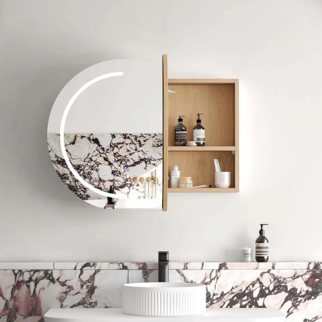 Otti Bondi 900 LED Shaving Cabinet Natural Oak Front View with Right Cabinet Open LED-BOSV9060N-VP | The Blue Space