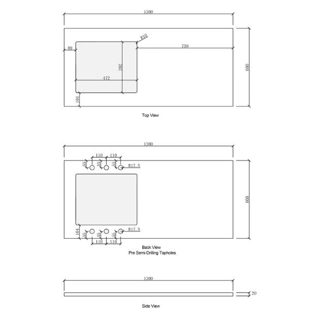 Otti Bondi White 1300mm Laundry Cabinet Set Stone Top Technical Drawing | The Blue Space