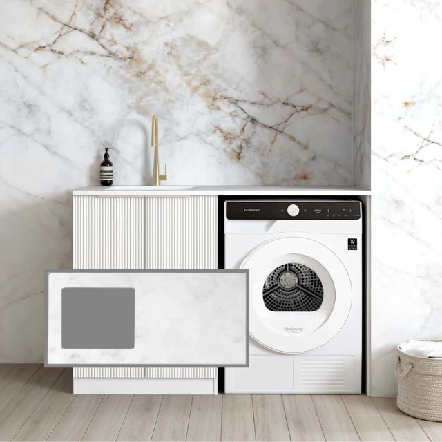 Otti Bondi White 1300mm Laundry Cabinet Set with Cloudy Carrara Solid Surface Stone Top LA-1300-BOW-CA-KIT | The Blue Space