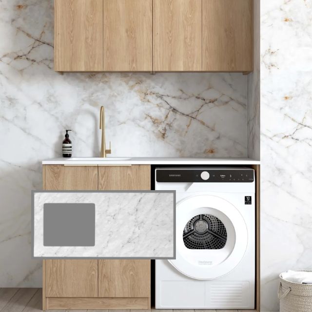 Otti Byron 1305mm Laundry Set B - Natural Oak with Natural Carrara Marble Stone Top LA-1305B-BYN-NCA-KIT | The Blue Space