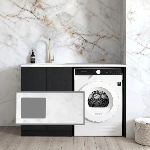 Otti Byron Black Oak 1300mm Laundry Cabinet Set with Cloudy Carrara Solid Surface Stone Top LA-1300-BYB-CA-KIT | The Blue Space