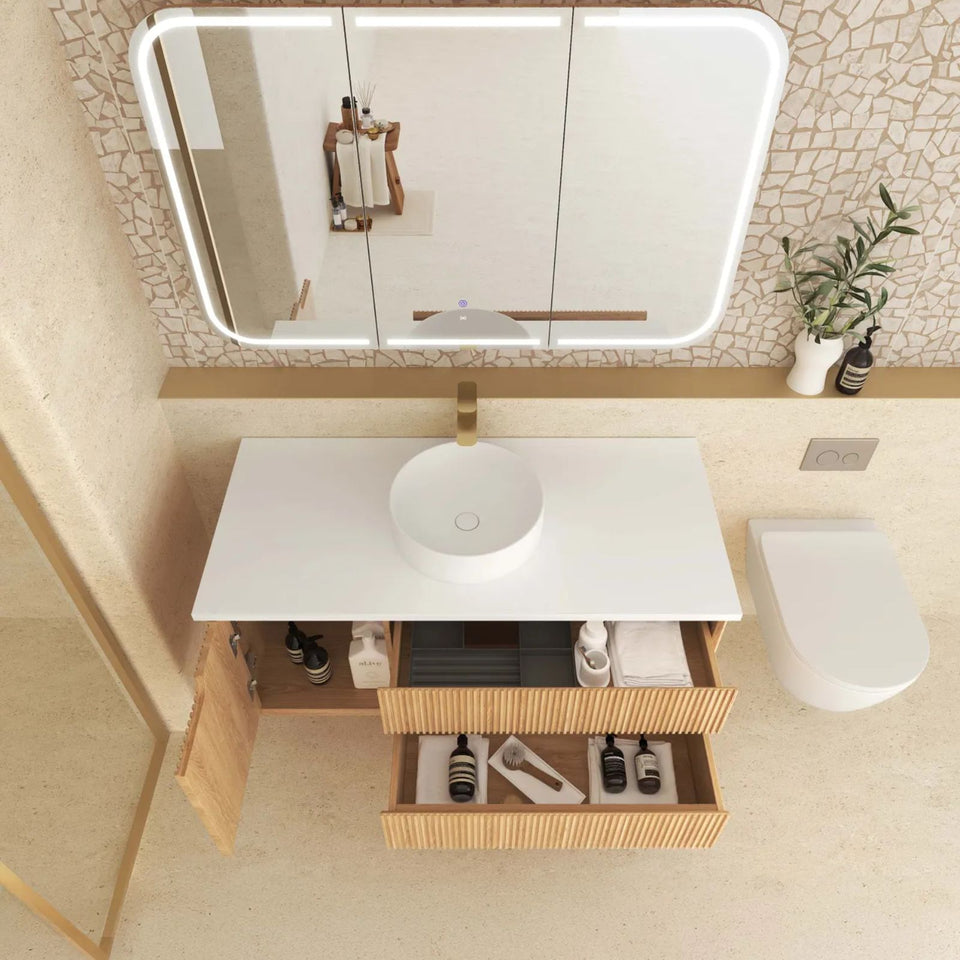 Otti Byron Fluted Woodland Oak Wall Hung Vanity with Matte White Top