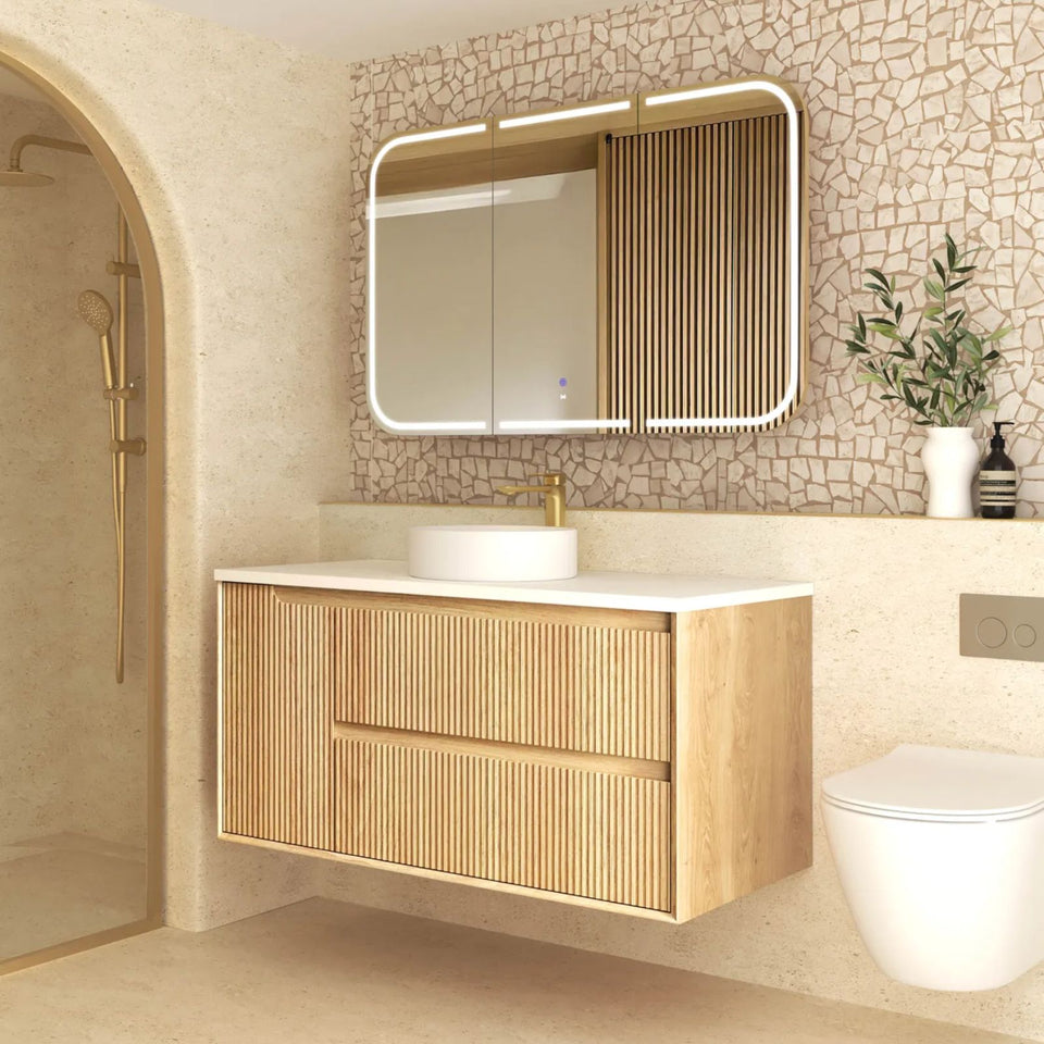 Otti Byron Fluted Woodland Oak Wall Hung Vanity with Matte White Top