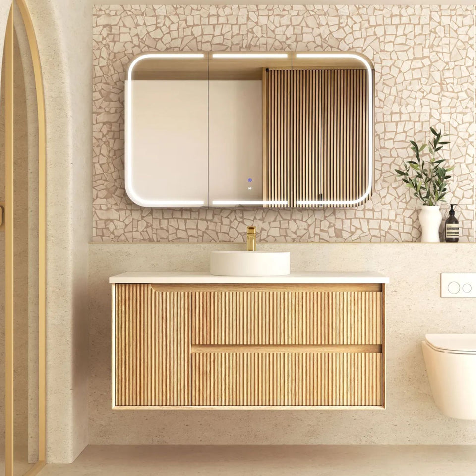 Otti Byron Fluted Woodland Oak Wall Hung Vanity with Matte White Top