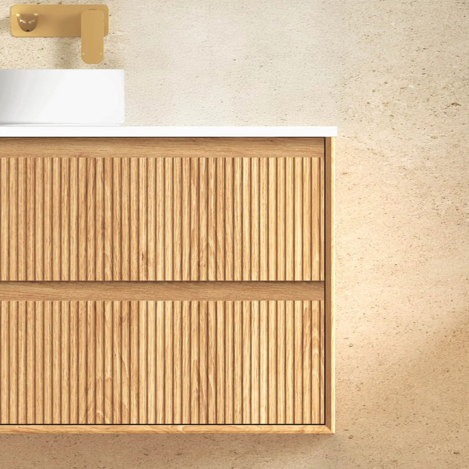 Otti Byron Fluted Woodland Oak Wall Hung Vanity with Matte White Top