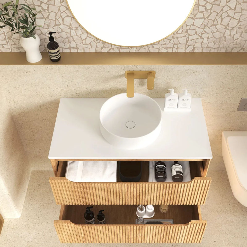Otti Byron Fluted Woodland Oak Wall Hung Vanity with Pure White Top