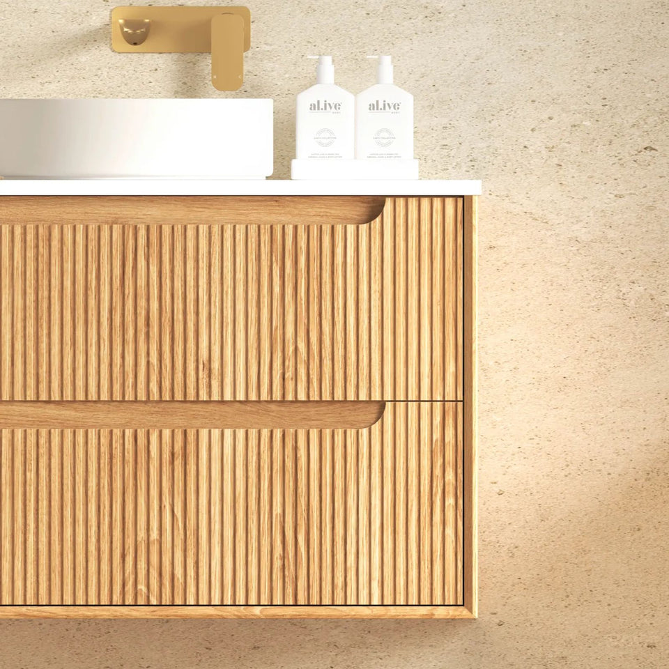Otti Byron Fluted Woodland Oak Wall Hung Vanity with Pure White Top