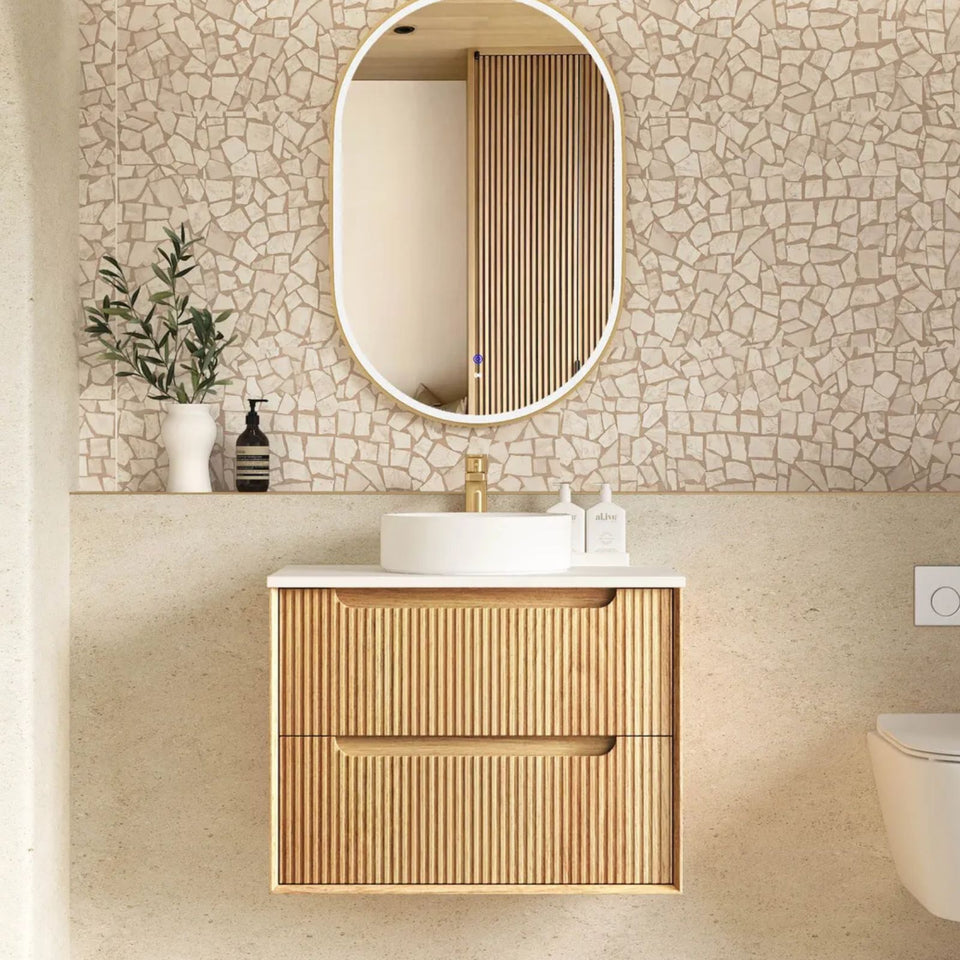 Otti Byron Fluted Woodland Oak Wall Hung Vanity with Pure White Top