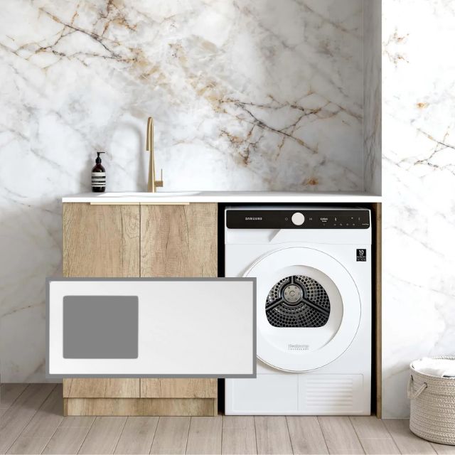 Otti Byron Natural Oak 1300mm Laundry Cabinet Set with Pure White Solid Surface stone top LA-1300-BYN-PW-KIT | The Blue Space