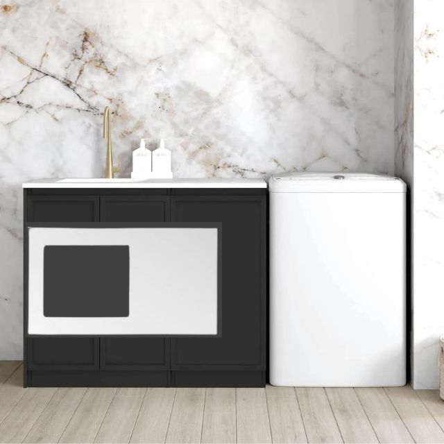 Otti Hampshire Black 1060mm Laundry Cabinet Set Pure White Solid Surface LA-1060-BOHB-PW-KIT | The Blue Space