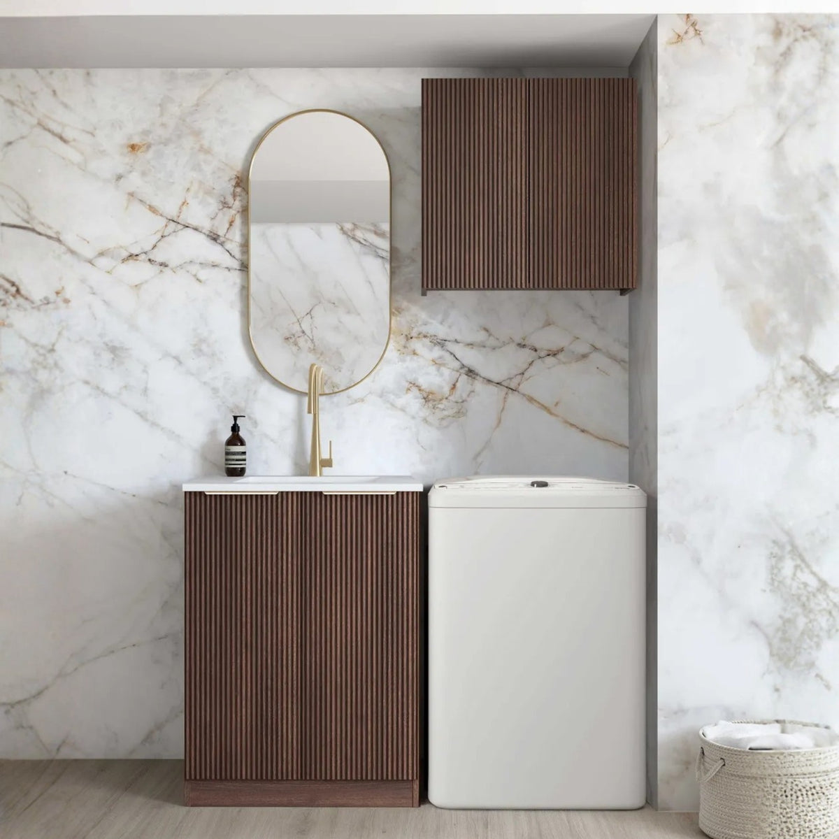 Otti Havana 650mm Fluted Laundry Cabinet Set - Sable Walnut LA-650A-HASW-PW - The Blue Space