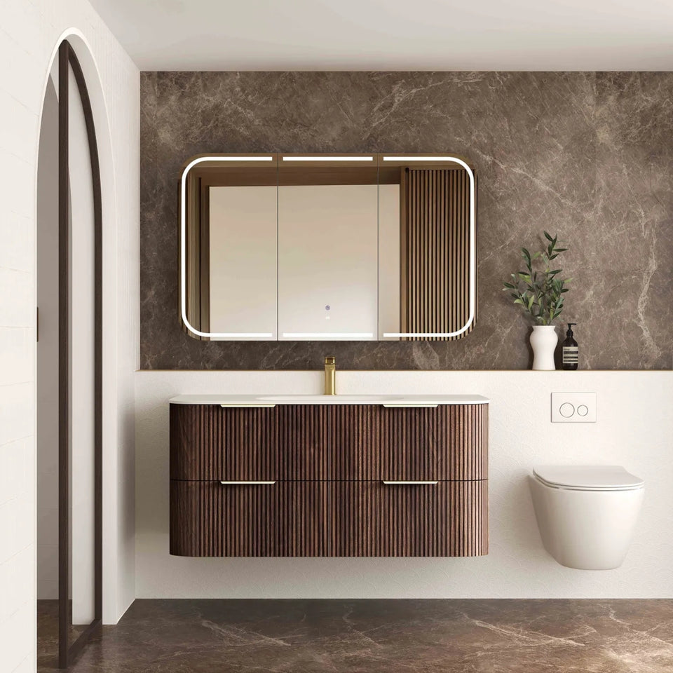 Otti Havana Fluted Curved Wall Hung Vanity with Chloe Silk Top - Sable Walnut
