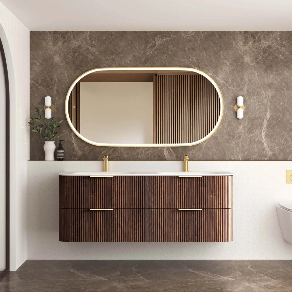 Otti Havana Fluted Curved Wall Hung Vanity with Chloe Silk Top - Sable Walnut