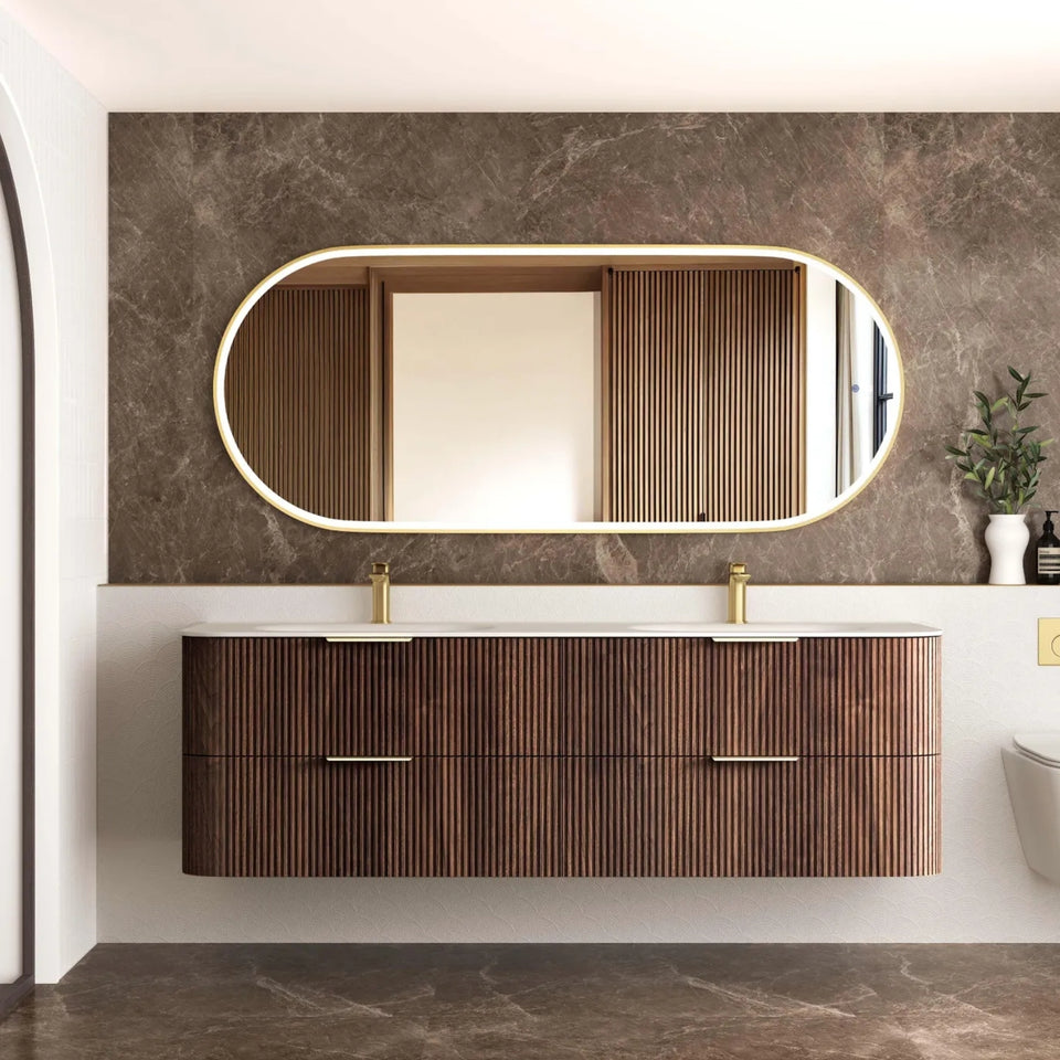 Otti Havana Fluted Curved Wall Hung Vanity with Chloe Silk Top - Sable Walnut