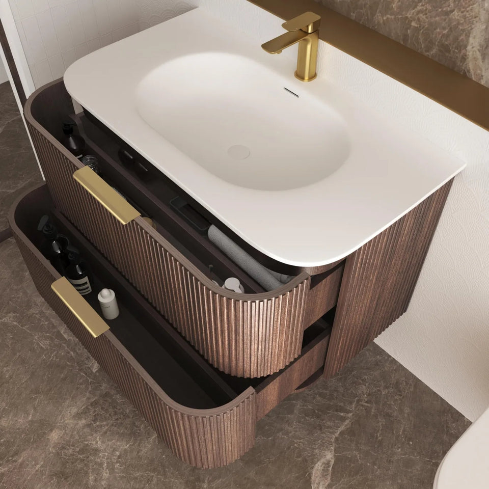 Otti Havana Fluted Curved Wall Hung Vanity with Chloe Silk Top - Sable Walnut