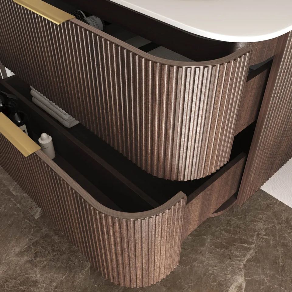 Otti Havana Fluted Curved Wall Hung Vanity with Chloe Silk Top - Sable Walnut