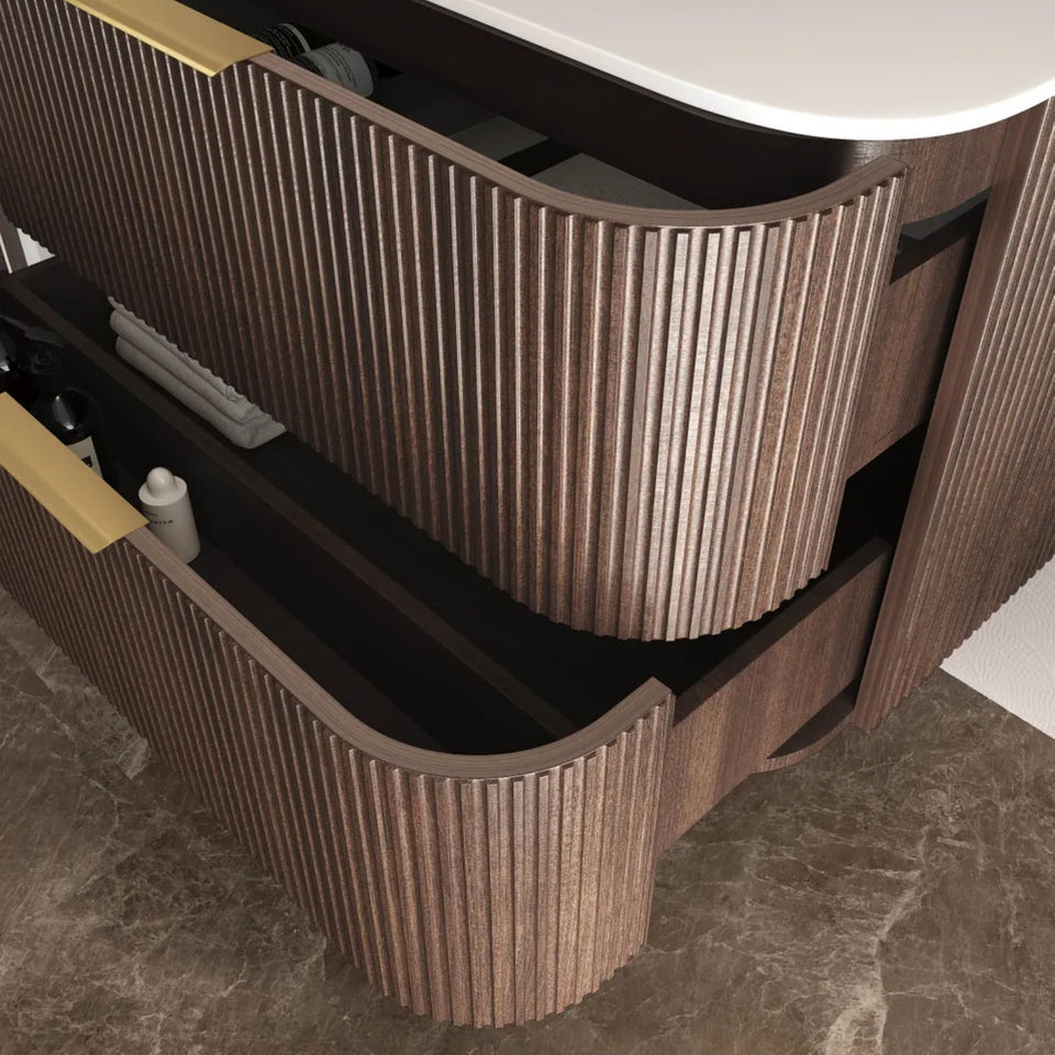Otti Havana Fluted Curved Wall Hung Vanity with Chloe Silk Top - Sable Walnut
