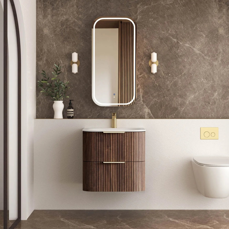 Otti Havana Fluted Curved Wall Hung Vanity with Chloe Silk Top - Sable Walnut