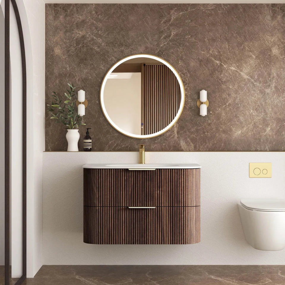 Otti Havana Fluted Curved Wall Hung Vanity with Chloe Silk Top - Sable Walnut
