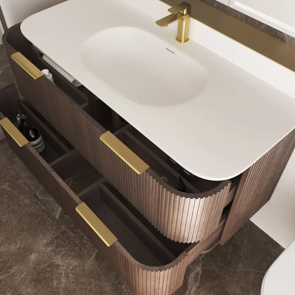 Otti Havana Fluted Curved Wall Hung Vanity with Chloe Silk Top - Sable Walnut