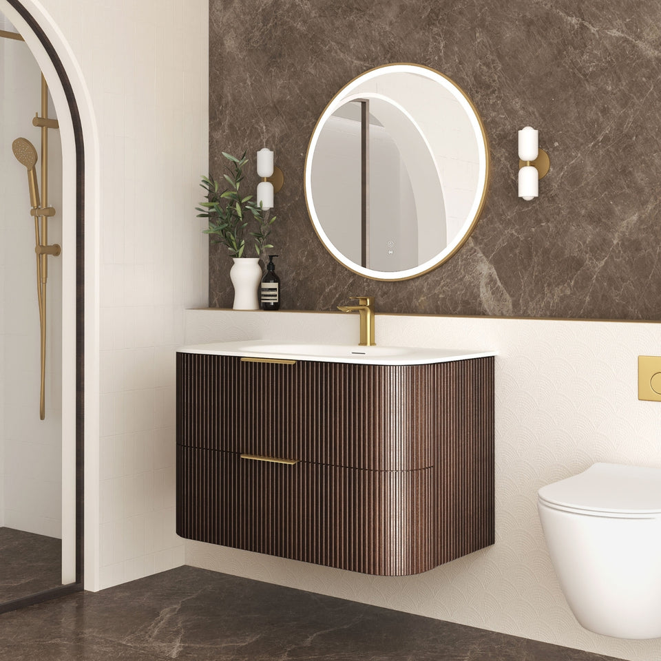 Otti Havana Fluted Curved Wall Hung Vanity with Chloe Silk Top - Sable Walnut