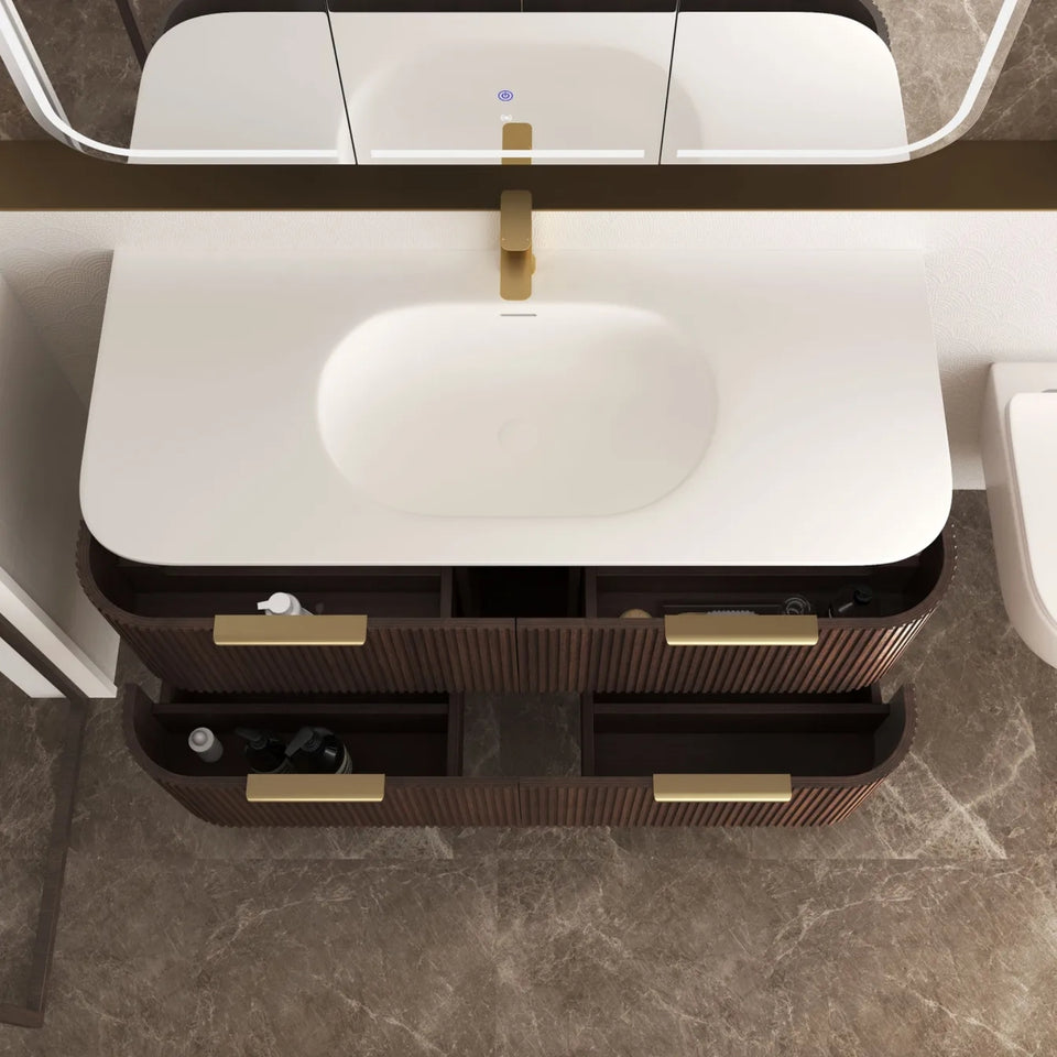 Otti Havana Fluted Curved Wall Hung Vanity with Chloe Silk Top - Sable Walnut