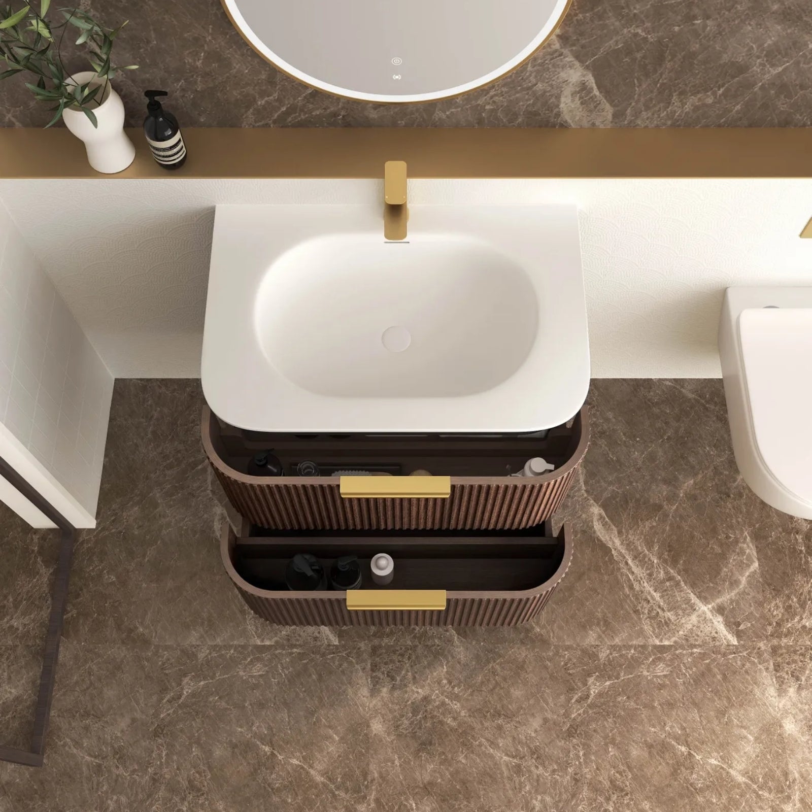 Top View Otti Havana Fluted Curved Sable Walnut Wall Hung Vanity with Chloe Silk Top HA750SWMT-CS - The Blue Space