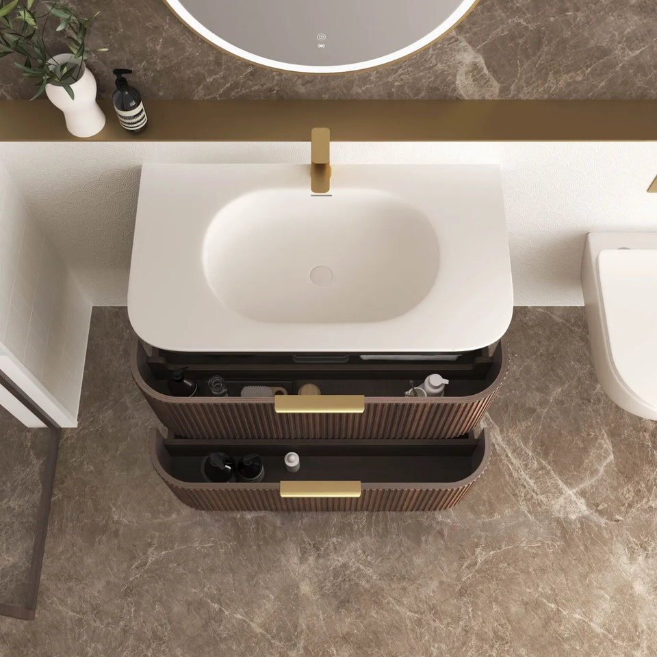 Otti Havana Fluted Curved Wall Hung Vanity with Chloe Silk Top - Sable Walnut
