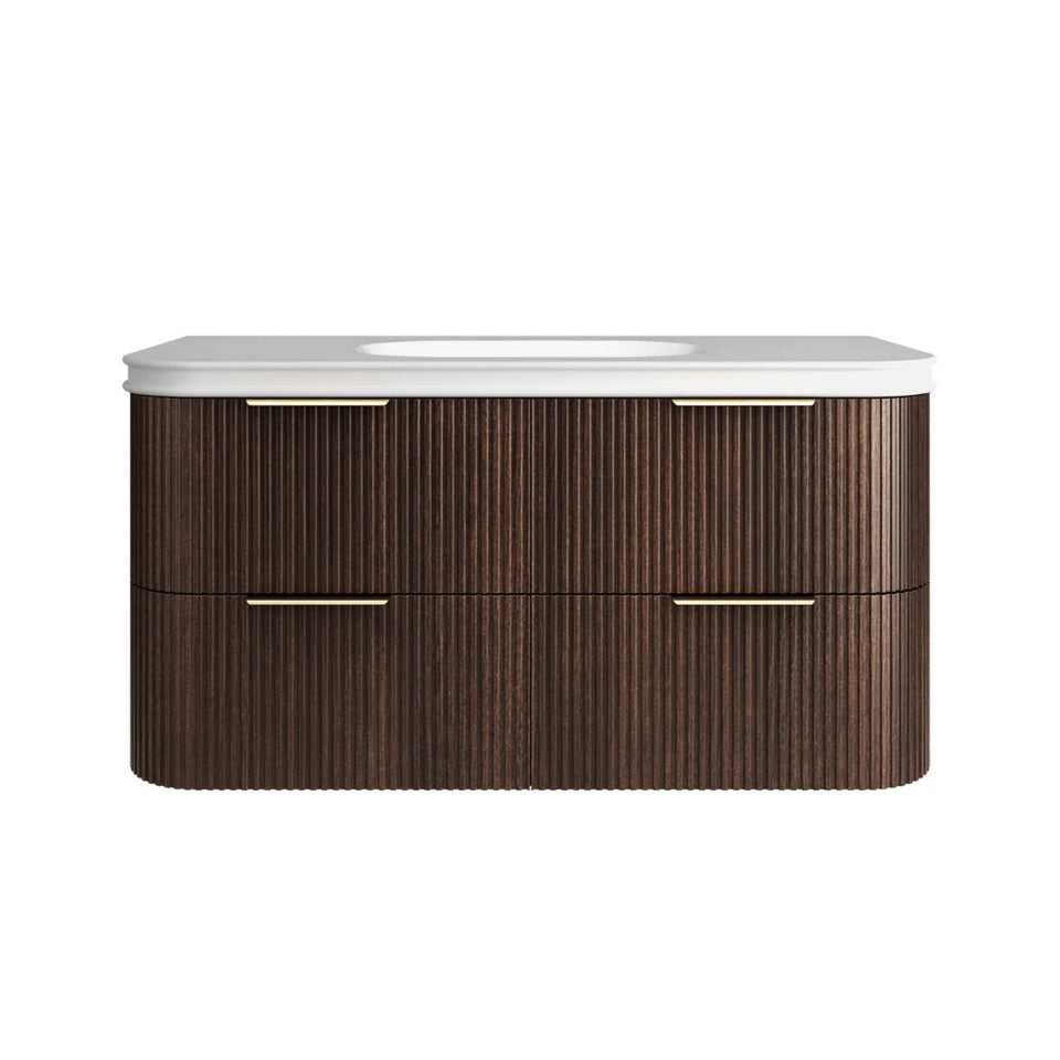 Otti Havana Fluted Curved Wall Hung Vanity with Moulded Top - Sable Walnut