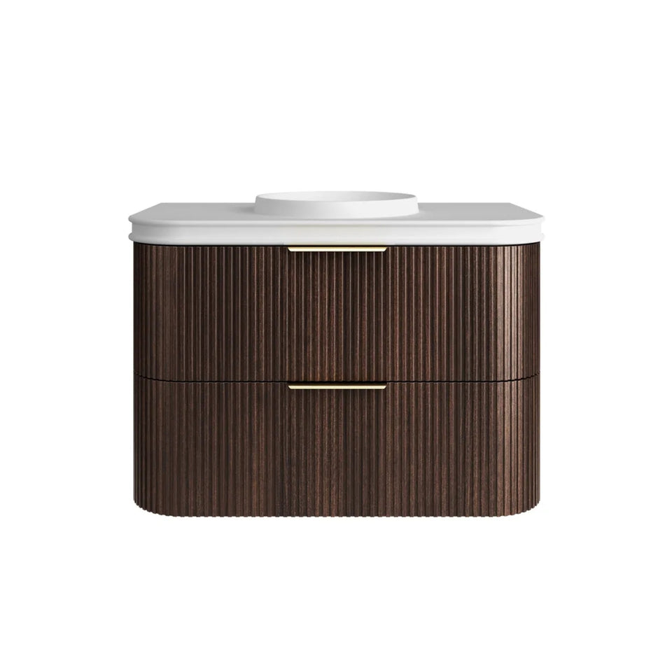Otti Havana Fluted Curved Wall Hung Vanity with Moulded Top - Sable Walnut