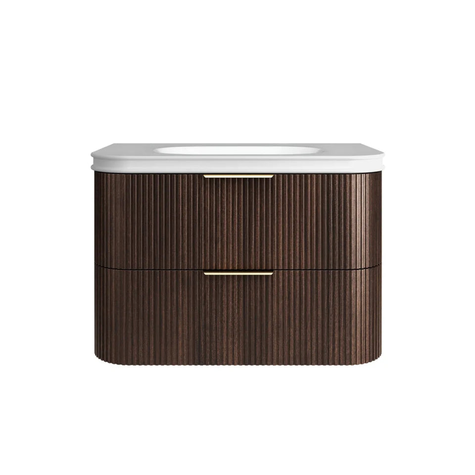 Otti Havana Fluted Curved Wall Hung Vanity with Moulded Top - Sable Walnut