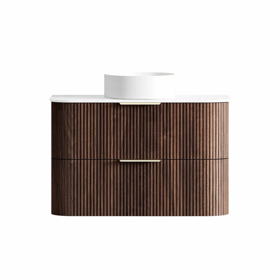 Otti Havana Fluted Curved Wall Hung Vanity with Stone Top - Sable Walnut