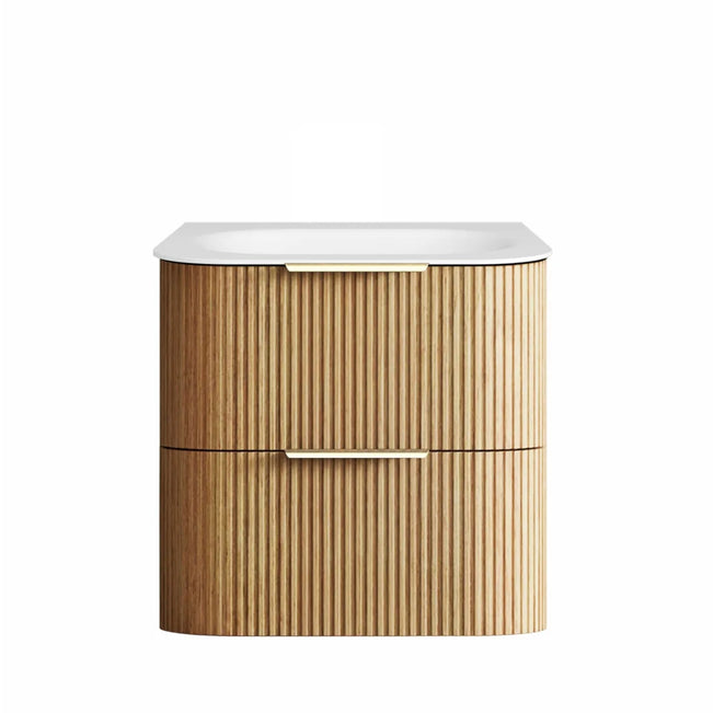 Otti Havana Fluted Curved Wall Hung Vanity with Chloe Silk Top - Woodland Oak 600mm Centre Bowl HAW600LMT-CS | The Blue Space