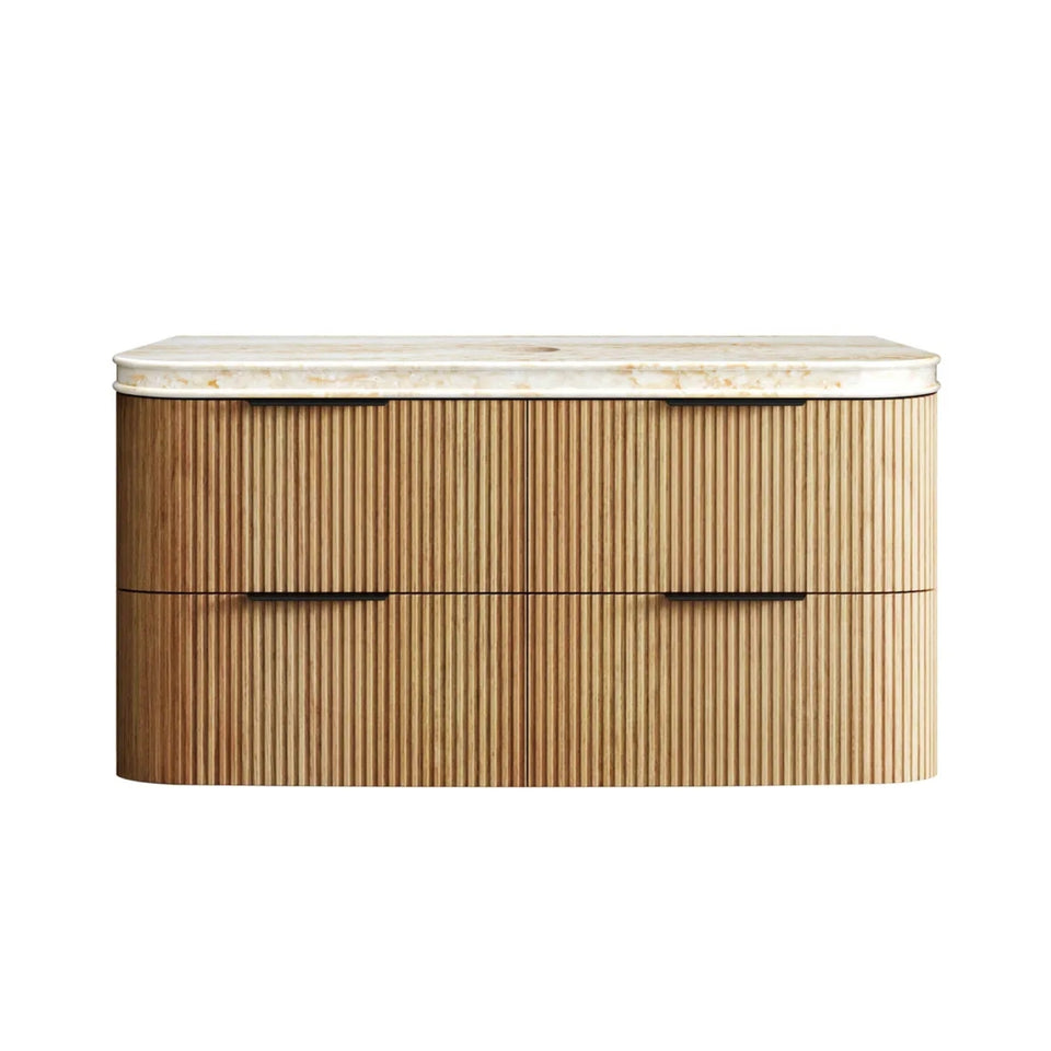 Otti Havana Fluted Curved Wall Hung Vanity with Stone Top - Woodland Oak
