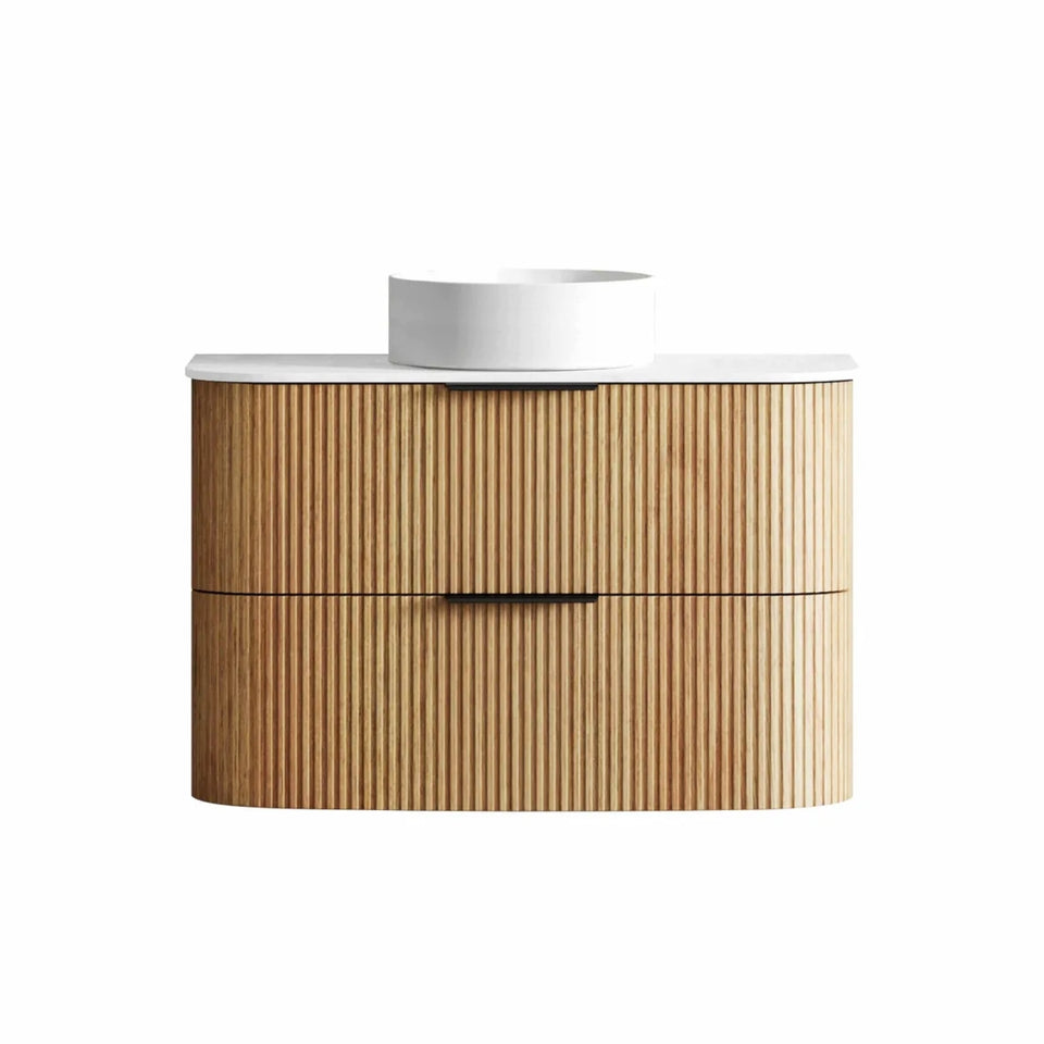 Otti Havana Fluted Curved Wall Hung Vanity with Stone Top - Woodland Oak
