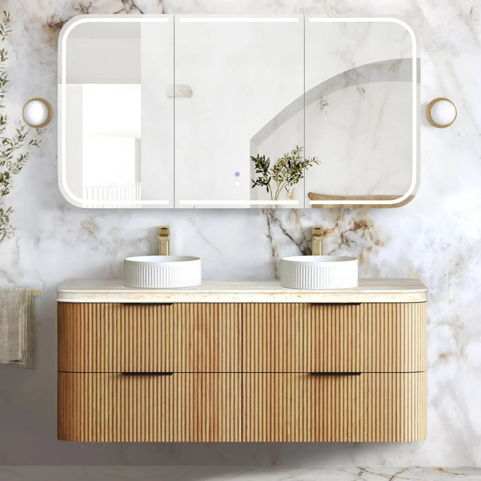 Otti Havana Fluted Curved Wall Hung Vanity with Stone Top - Woodland Oak