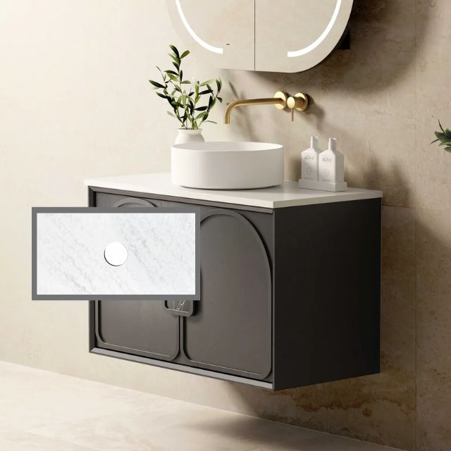 Otti Laguna Mk II Black Oak Wall Hung Vanity with Cloudy Carrara Top