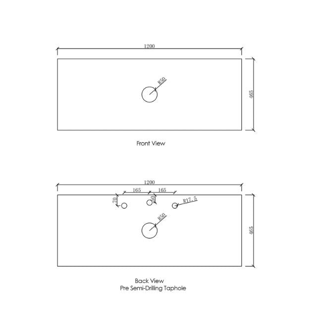Otti Laguna Mk II Matte White Wall Hung Vanity with Matte White Top - 1200mm Single Basin - Stone Top Technical Drawing LGM1200WSTUD-MW | The Blue Space