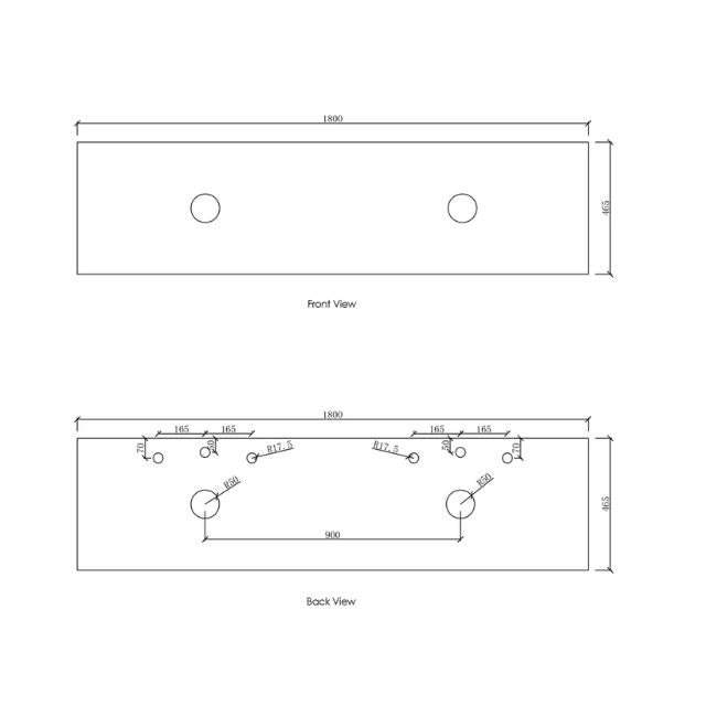 Otti Laguna Mk II Matte White Wall Hung Vanity with Matte White Top - 1800mm Double Basin - Stone Top Technical Drawing LGM1800WSTUD-MW | The Blue Space