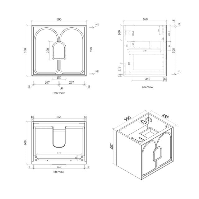 Otti Laguna Mk II Matte White Wall Hung Vanity with Matte White Top - 600mm Single Basin - Cabinet Technical Drawing LGM600WSTUD-MW | The Blue Space