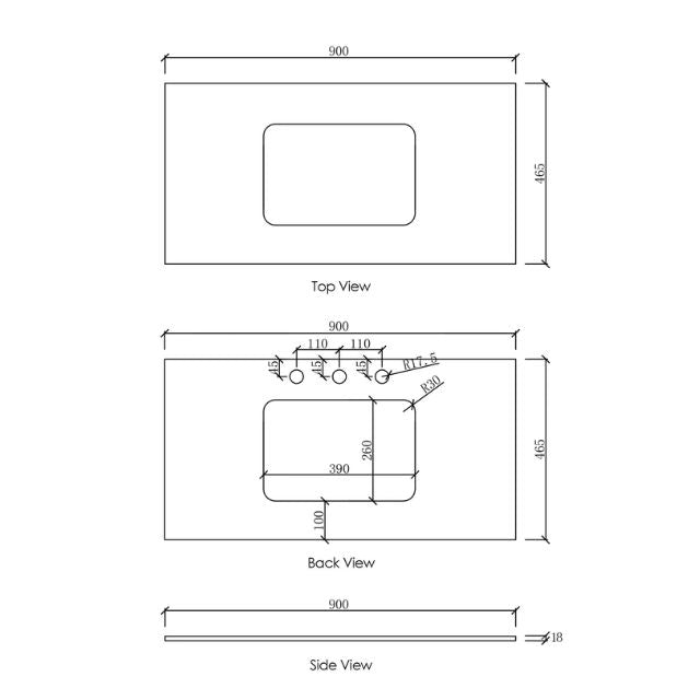 Otti Laguna Mk II Matte White Wall Hung Vanity with Pure White Top - 900mm Single Basin - Solid Surface Top Technical Drawing LGM900WSTUD-PW | The Blue Space