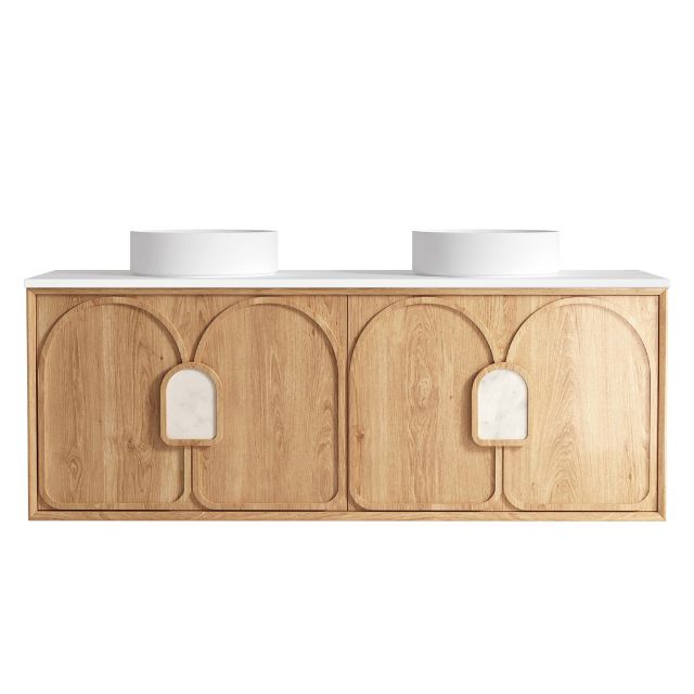 Otti Laguna Mk II Woodland Oak Wall Hung Vanity with Matte White Top - 1500mm Double Basin LGM1500NSTUD-MW | The Blue Space