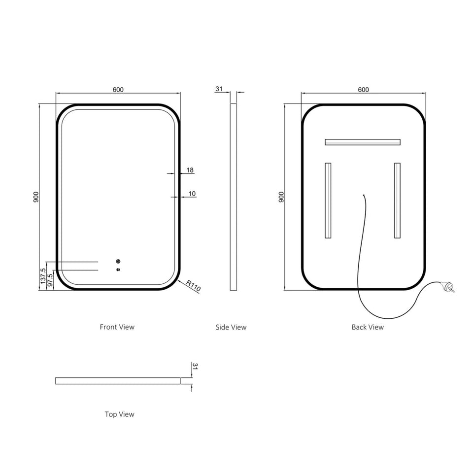 Otti LED Newport 900mm x 600mm Metal Frame Mirror - White